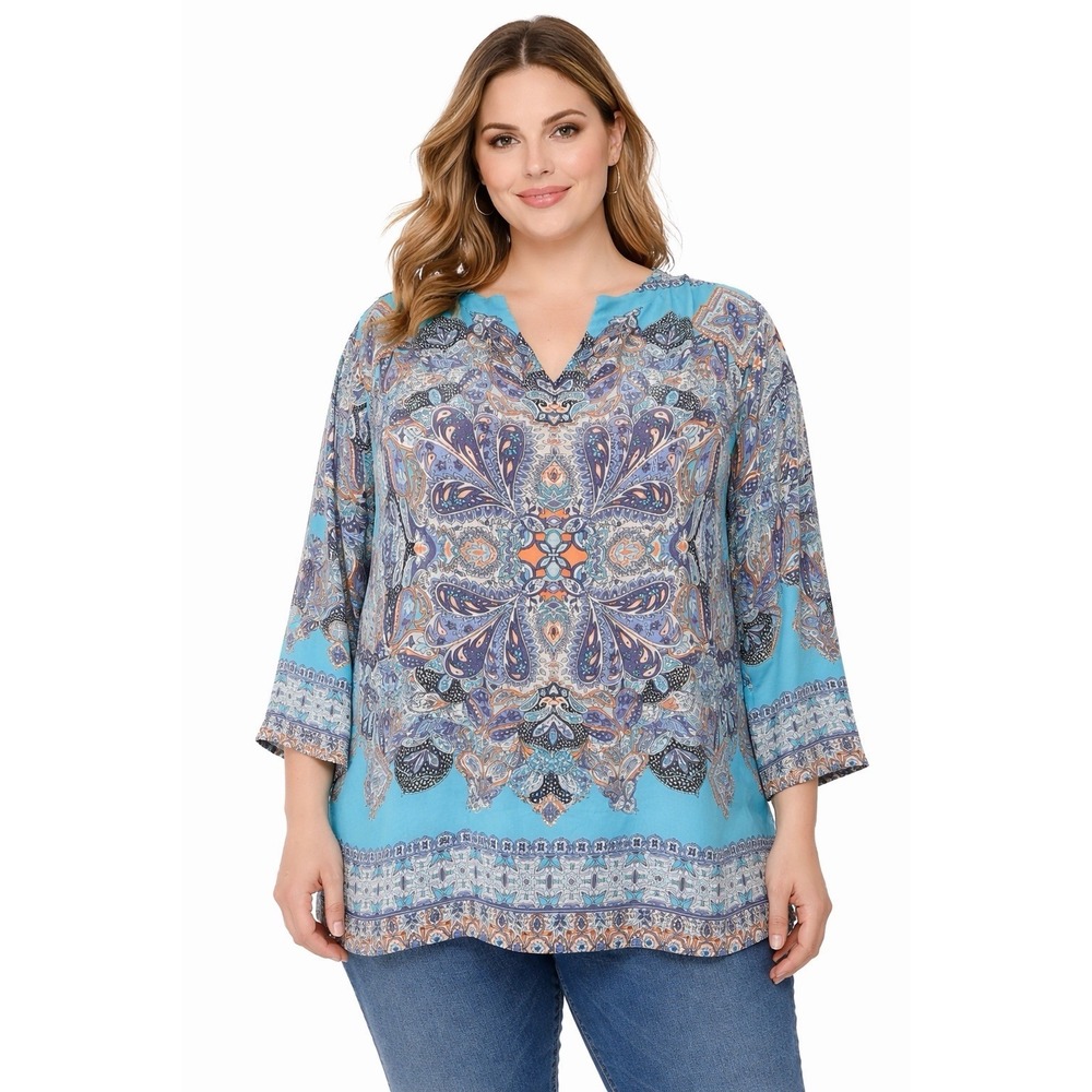 Cynthia Rowley Womens 2X Paisley‎ Blouse Blue Boho Tunic 3/4 Sleeve Resort